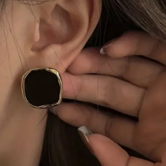 Women's Black Versatile Geometric Square Earrings with Gold Outline - Very Chick - Picture 7 of 7